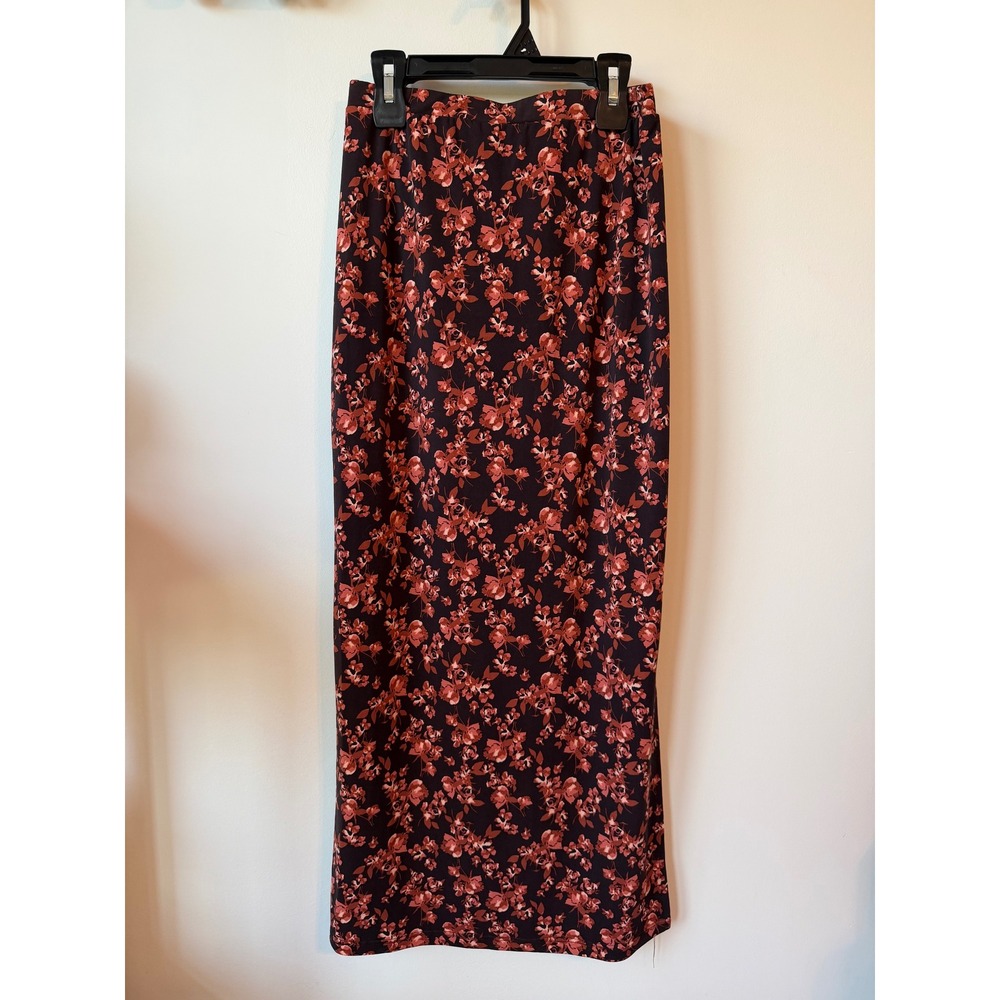 Dee Elly Floral Maxi Skirt Brown Rust Orange Elastic Waist Column Skirt 0927
